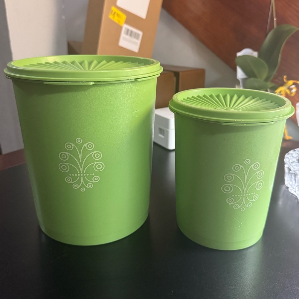 Vintage Tupperware Green Decorative Storage Canisters - Set of 2